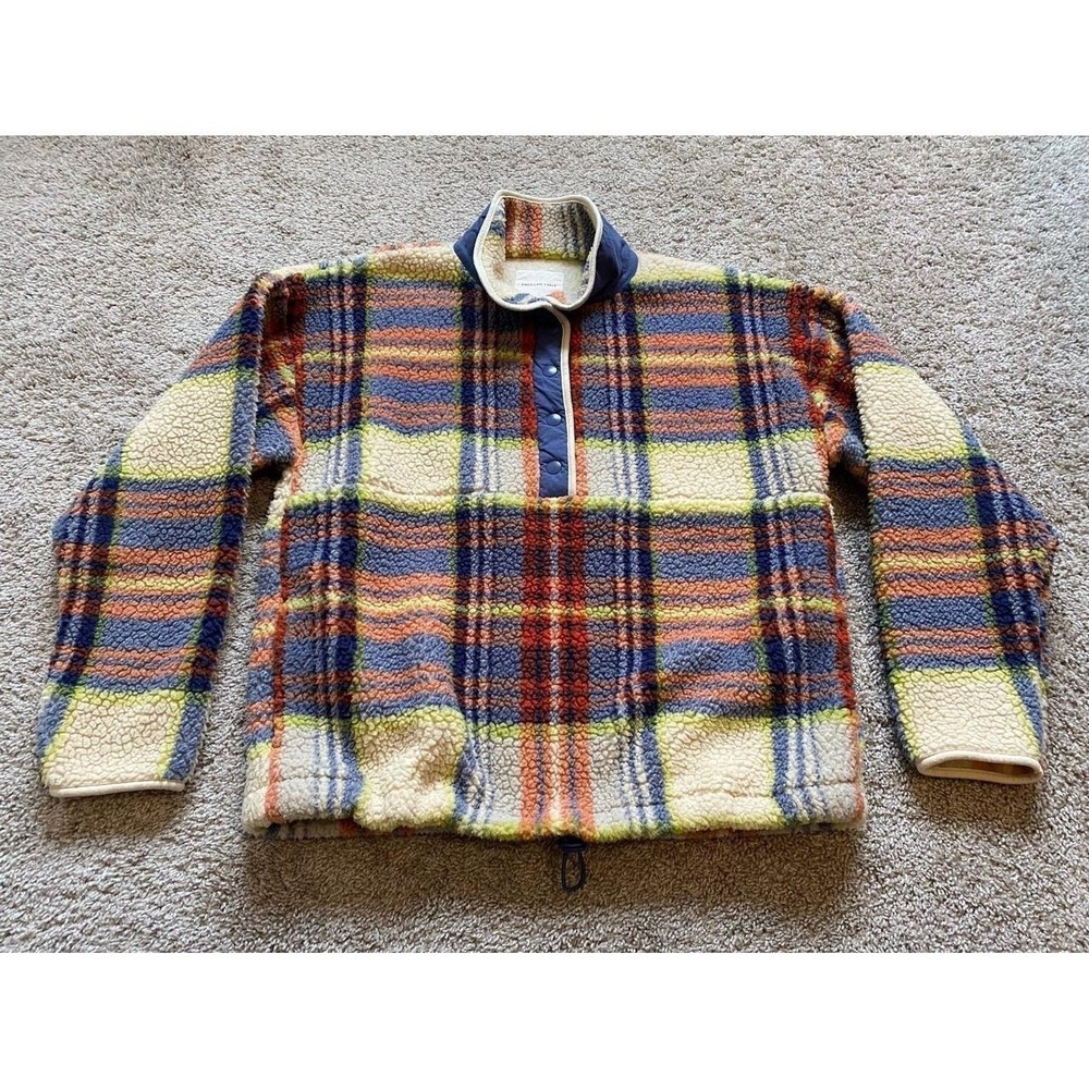 American Eagle Jacket Small Flannel Sherpa Plaid Comfy 1/4 Snap Oversized sku9